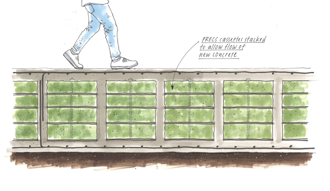 Artist sketch showing cross-section of PRECS planks assembled into a stack
