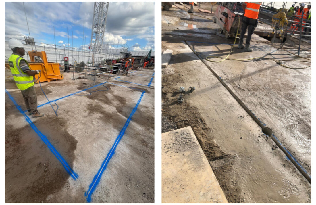 On the left is a photo showing cut lines drawn on the concrete ahead of diamond cutting. On the right is a photo showing the slab after cutting and coring